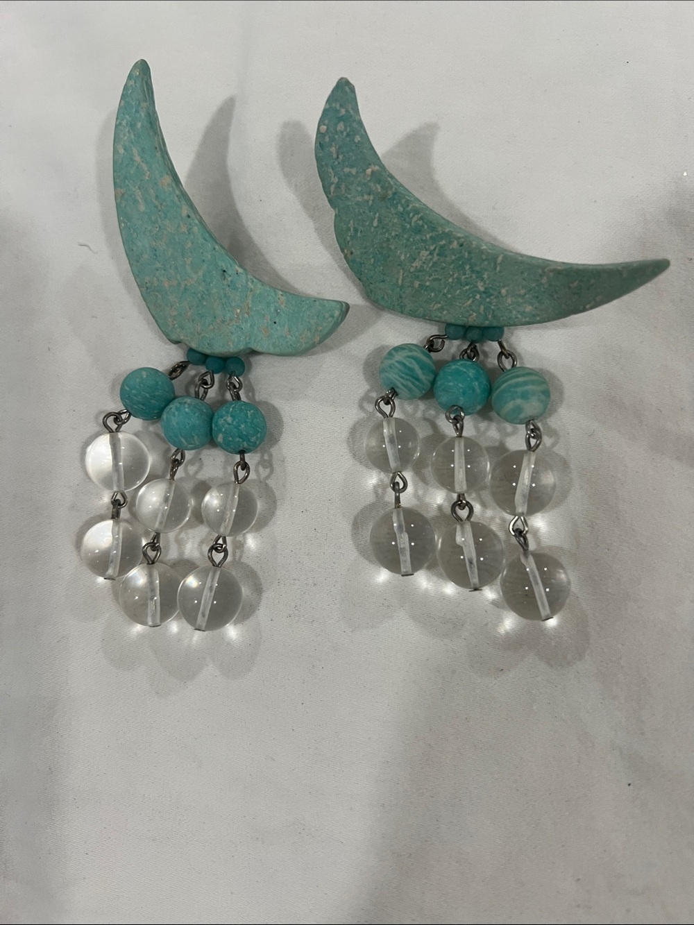 Rare! Stephen Dweck Turquoise Crescent Dangle Earrings with Clear Bead fringe